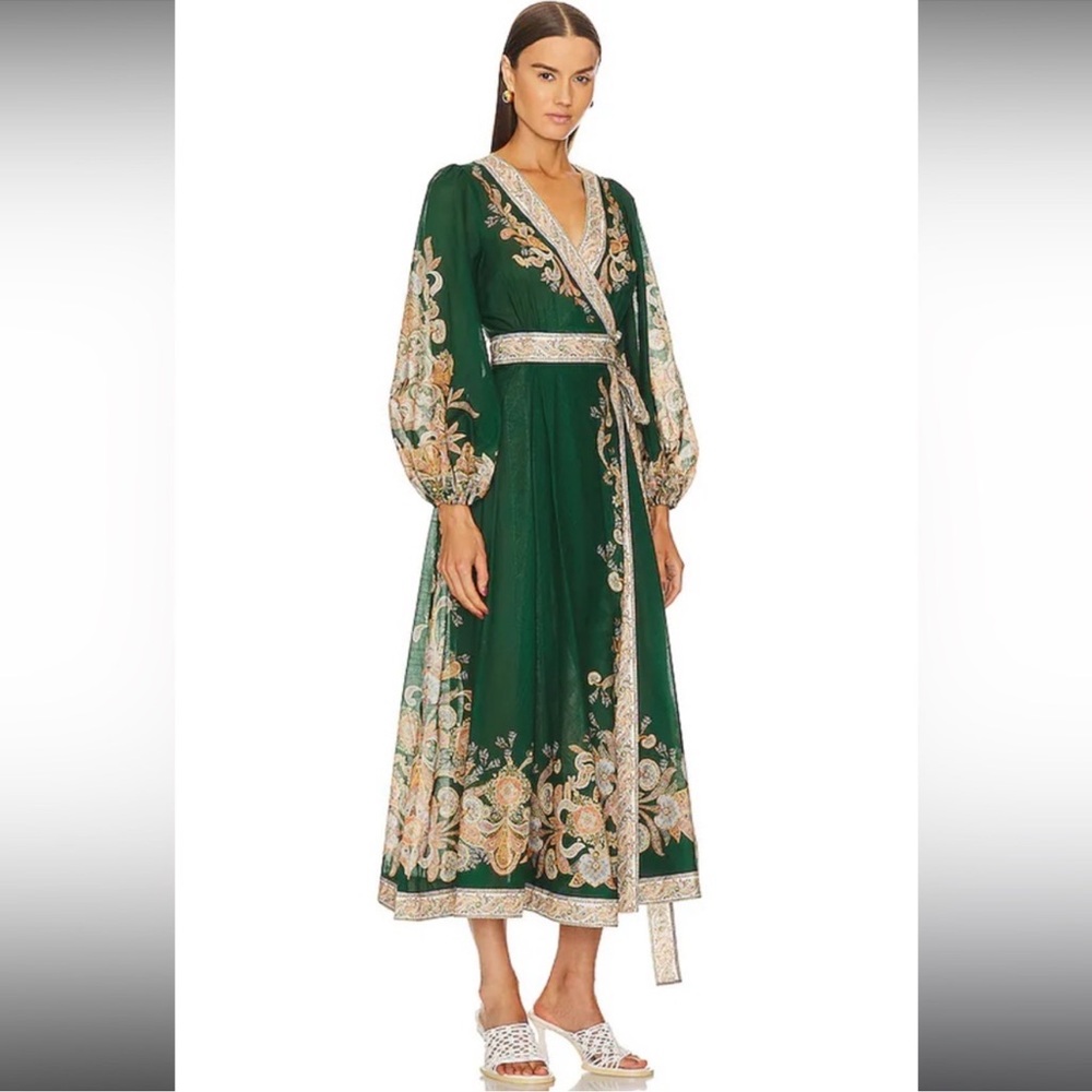 Zimmermann Devi Elegant Green Floral Wrap Midi Dress- Emerald/ Paisley
